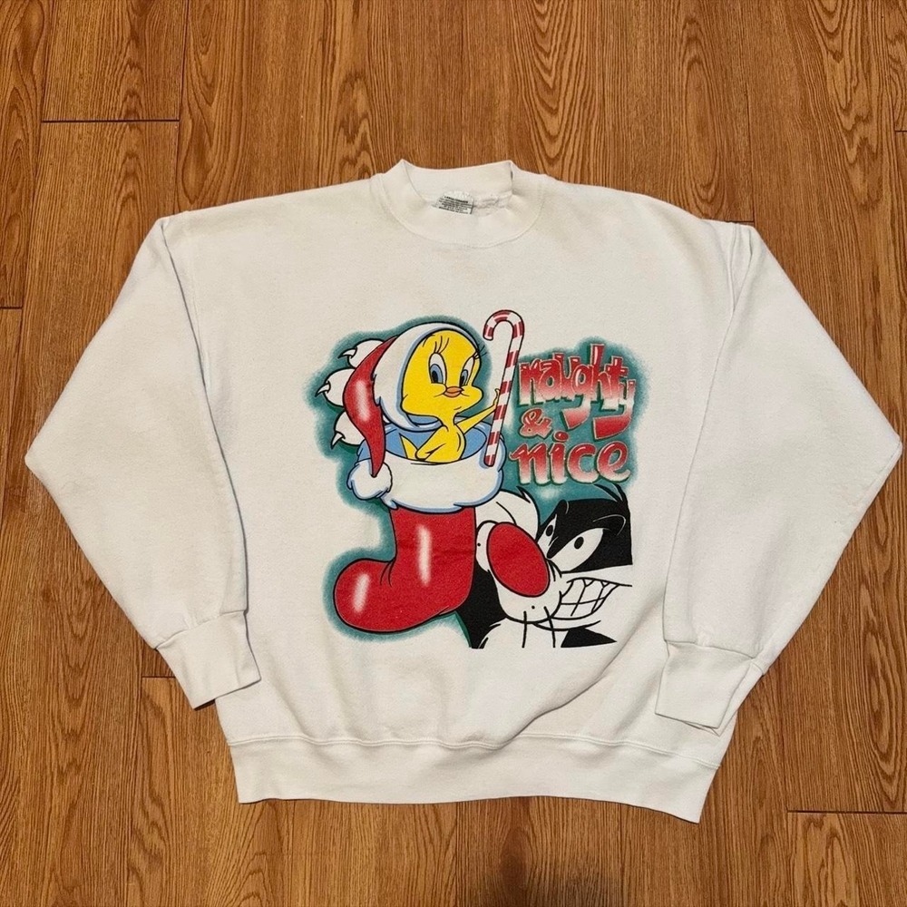 Vintage Looney Tunes Men's Sweatshirt Christmas Tweety 90s White Size Large